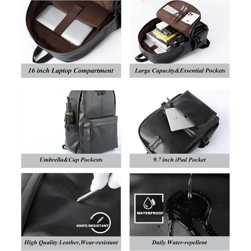 ✨Men Black Pu Leather Laptop Classic Purse Airplane Travel Backpack Business Bag